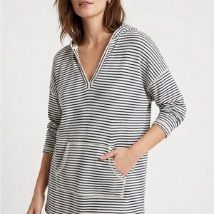 American Living Nautical Navy Stripe V-Neck Tunic Hoodie | Coastal Chic L